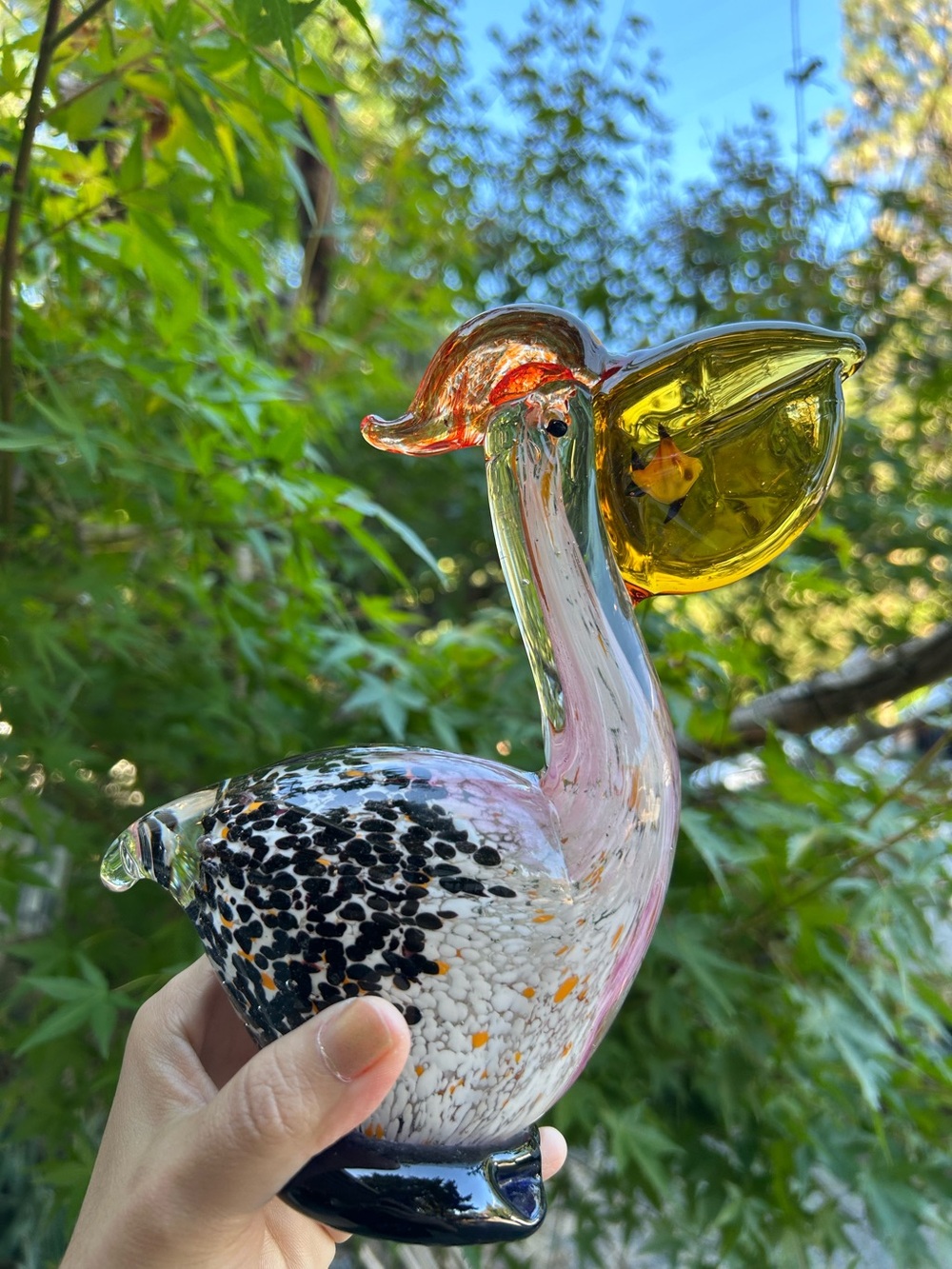 Vintage Handblown Glass Pelican Bird Figurine in Yellow, Black, Pink